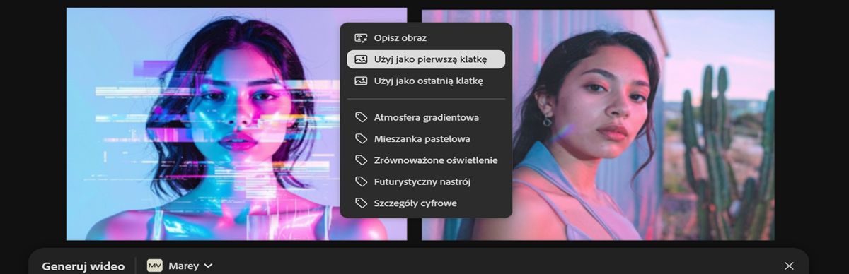 Obraz użyty jako pierwsza klatka jest widoczny w obszarze roboczym. Wybrano jeden z obrazów, a następnie w menu kontekstowym wybrano opcję Użyj jako ostatnią klatkę.