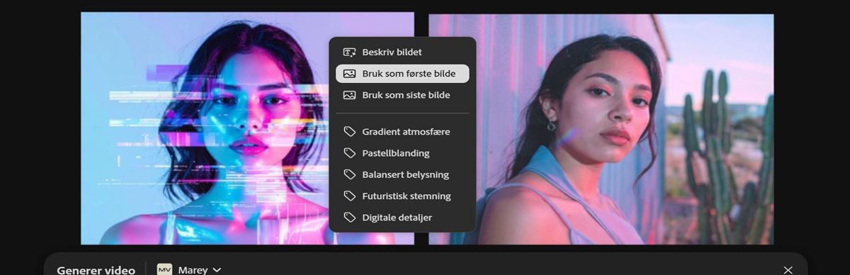 Bildet som brukes som første enkeltbilde, er synlig på lerretet. Et av bildene er markert, og fra kontekstmenyen er alternativet Bruk som siste enkeltbilde valgt.