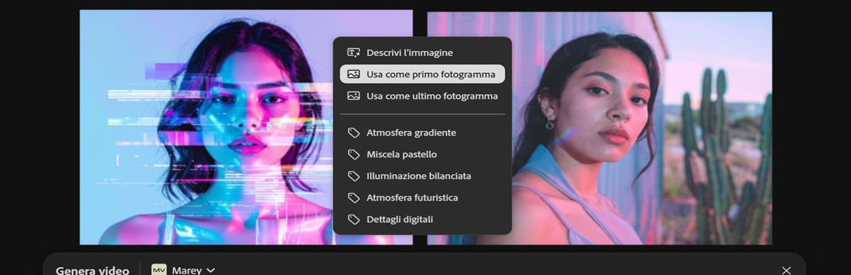 L'immagine utilizzata per il primo fotogramma è visibile nell'area di lavoro. È selezionata una delle immagini e nel menu di scelta rapida è evidenziata l'opzione Usa come ultimo fotogramma.