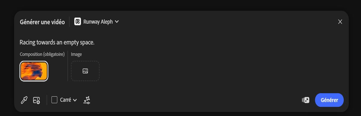 Le prompt de Générer une vidéo est ouvert, avec une vidéo de composition et une description textuelle ajoutée pour guider la création de la vidéo.