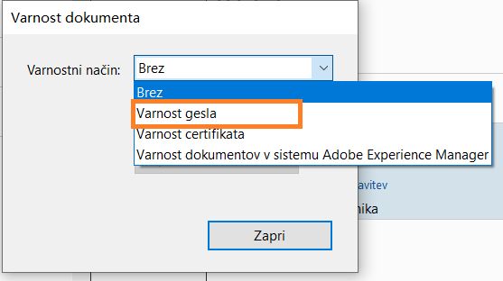 Izbira zaščite z geslom