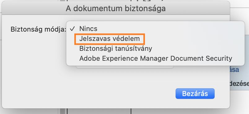 Jelszavas védelem kiválasztása
