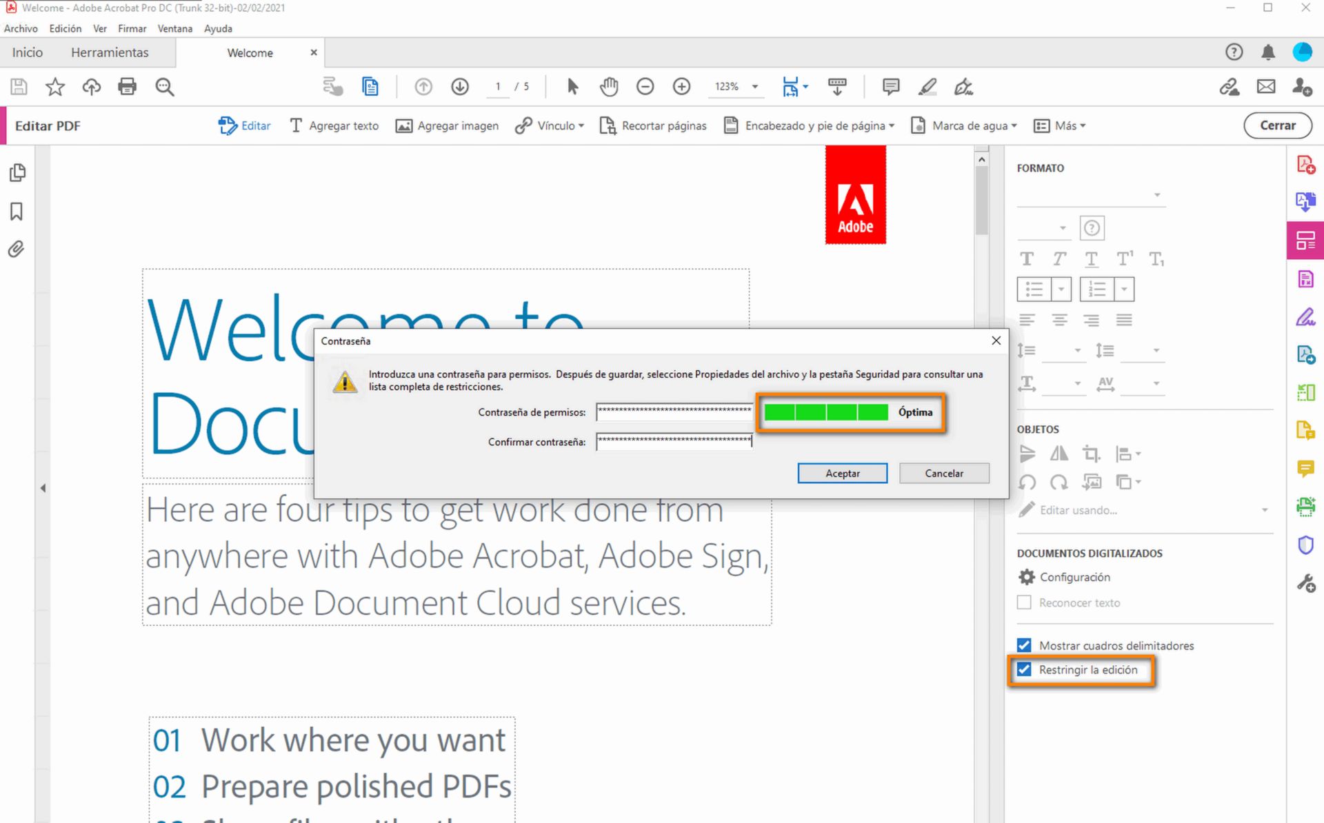 Cuadro de diálogo Establecer contraseña