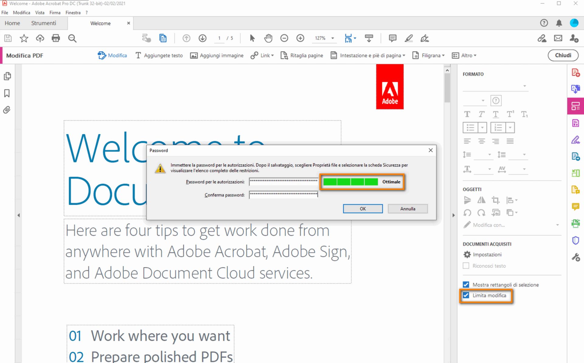 Finestra di dialogo per impostare la password