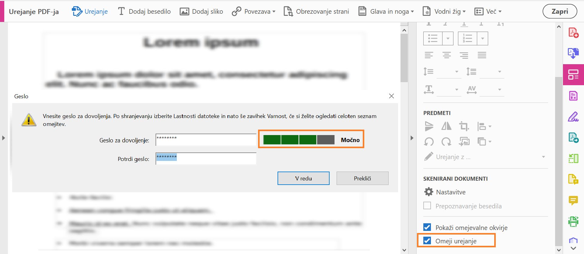 Pogovorno okno za nastavljanje gesla