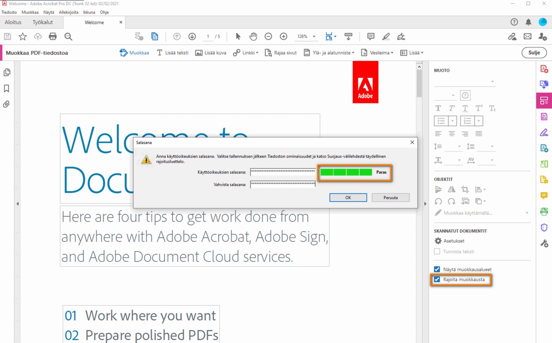 Aseta salasana -valintaikkuna