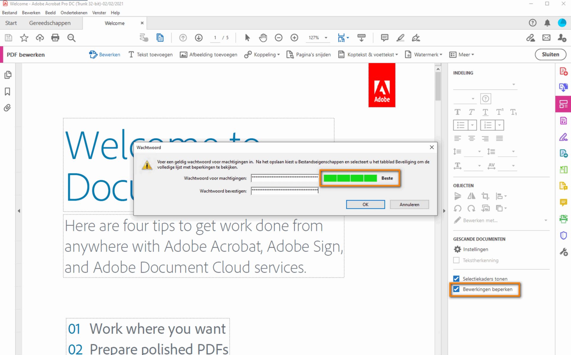 Het dialoogvenster Wachtwoord instellen