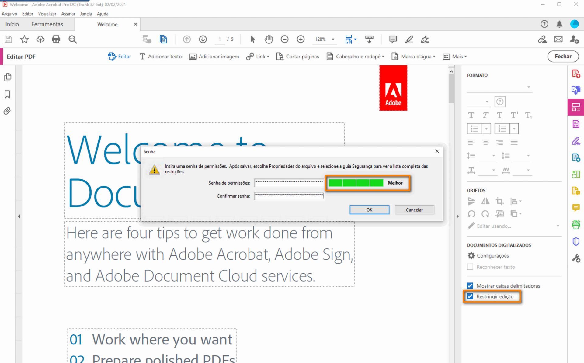 Caixa de diálogo Definir senha