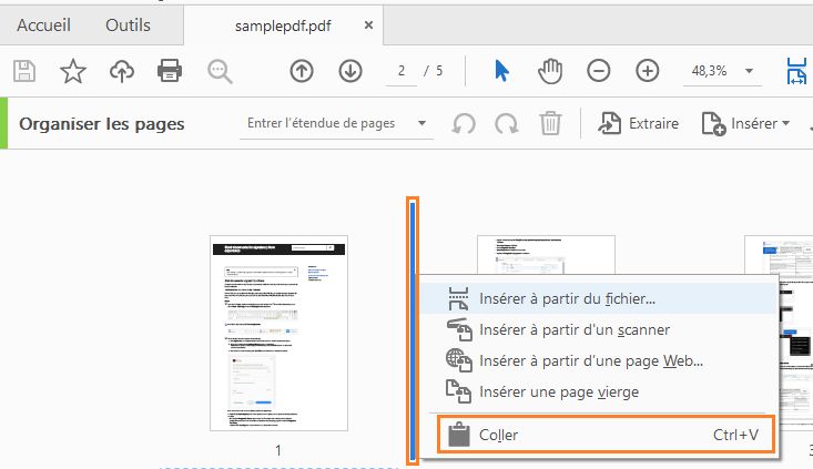 Sélection de l’emplacement, puis Coller