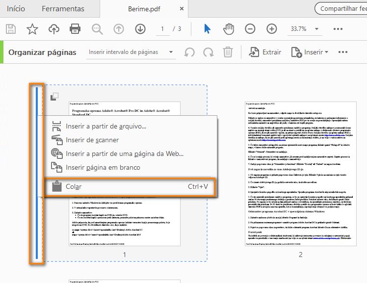 Selecione o local e escolha Colar
