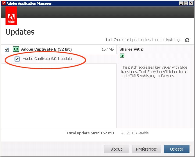 Asegúrese de que la casilla de verificación Adobe Captivate 6.0.1 Update está seleccionada en Adobe Captivate.