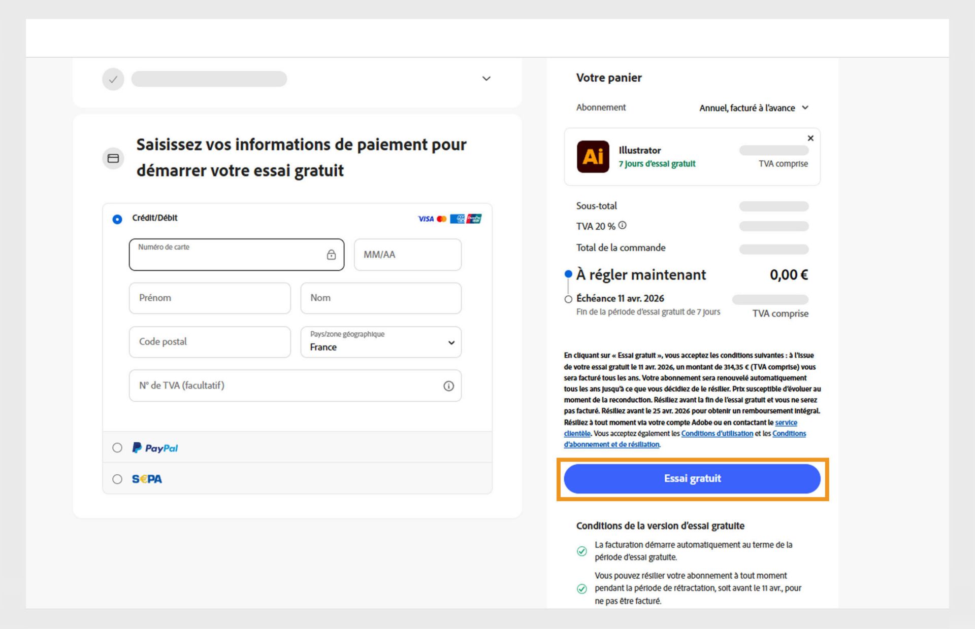La page Informations sur les paiements affiche les détails du forfait, les champs permettant de saisir les détails de paiement et les options permettant d’accepter le forfait et de s’y abonner, puis de revenir à la page précédente.