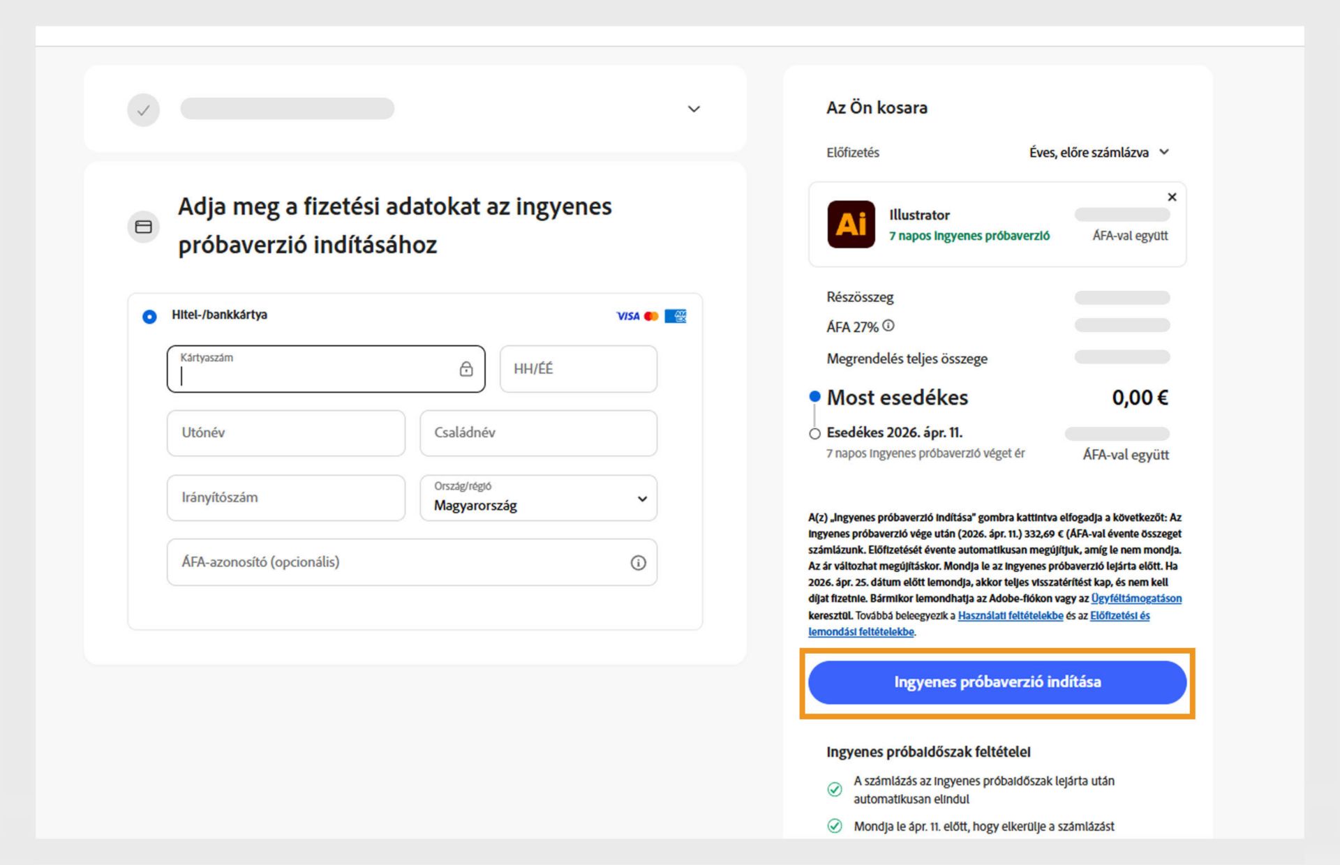 A fizetési adatok oldala megjeleníti a csomagadatokat, a mezőket a fizetési adatok megadásához, valamint lehetőséget kínál az elfogadásra, a csomagra való előfizetésre és az előző oldalra való visszatérésre.
