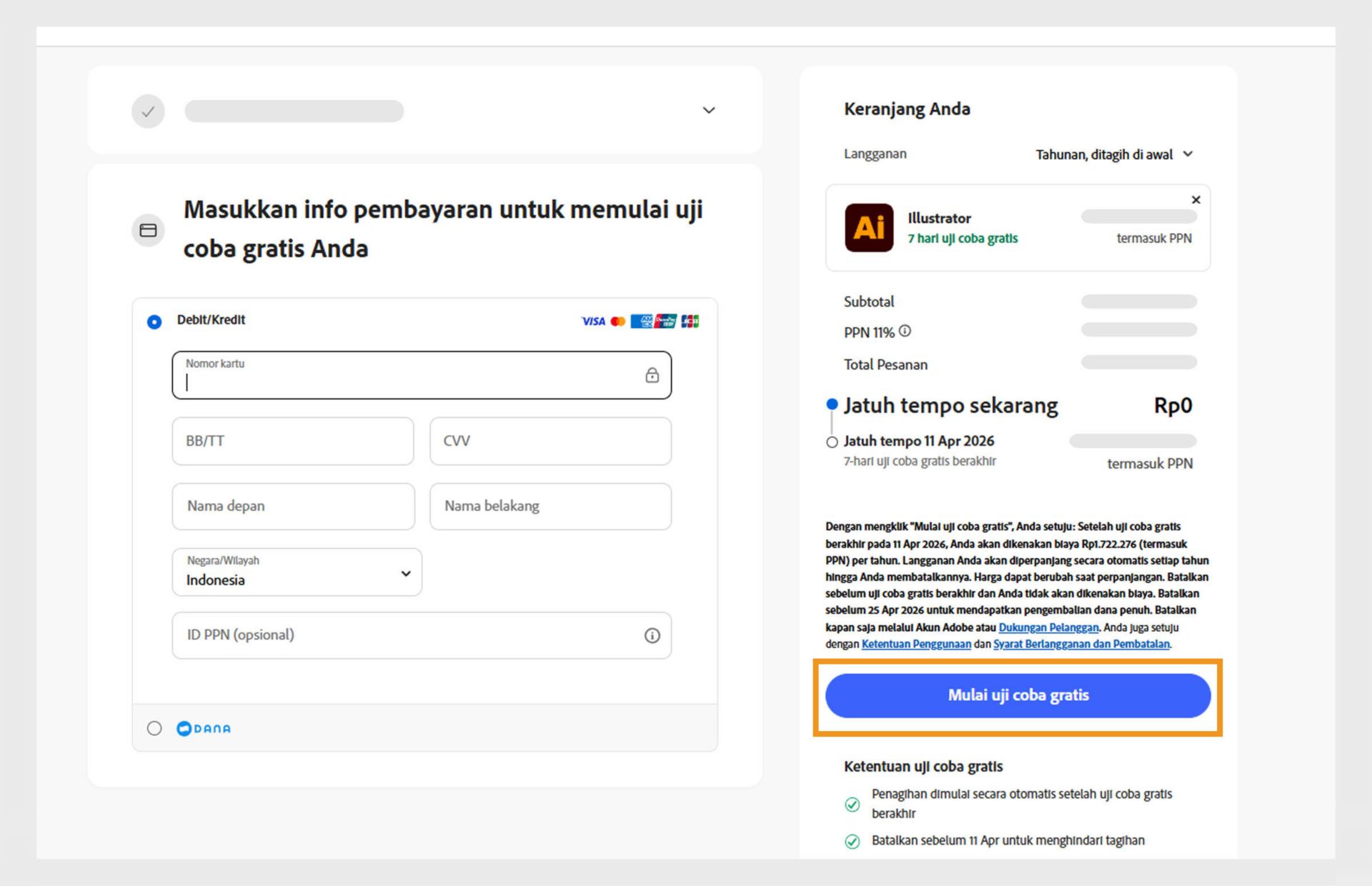 Halaman info pembayaran menampilkan detail paket, bidang untuk memasukkan detail pembayaran, dan options untuk menyetujui dan berlangganan paket serta kembali ke halaman sebelumnya.