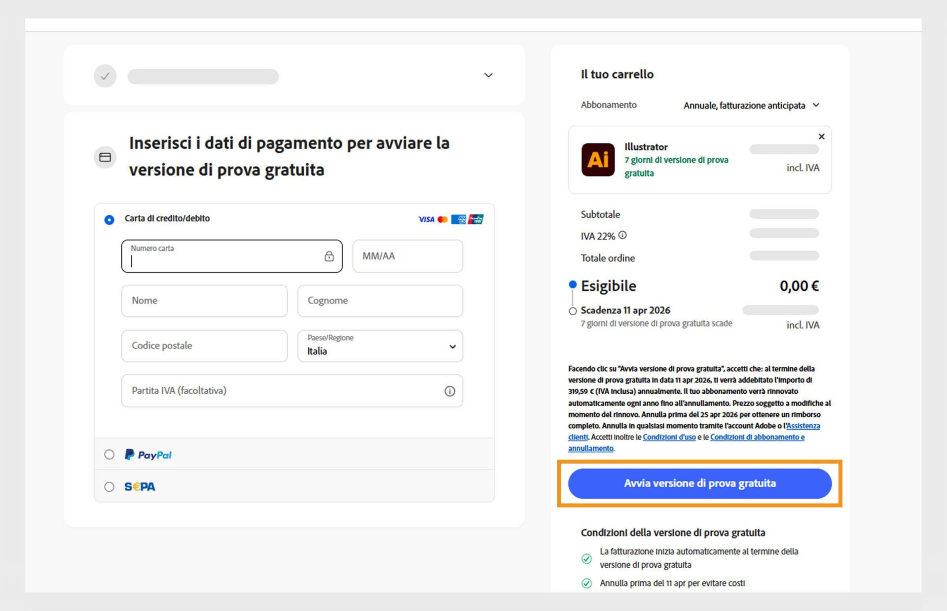 La pagina delle informazioni di pagamento mostra i dettagli del piano, i campi in cui inserire i dati di pagamento e le opzioni per accettare e abbonarsi al piano e tornare alla pagina precedente.