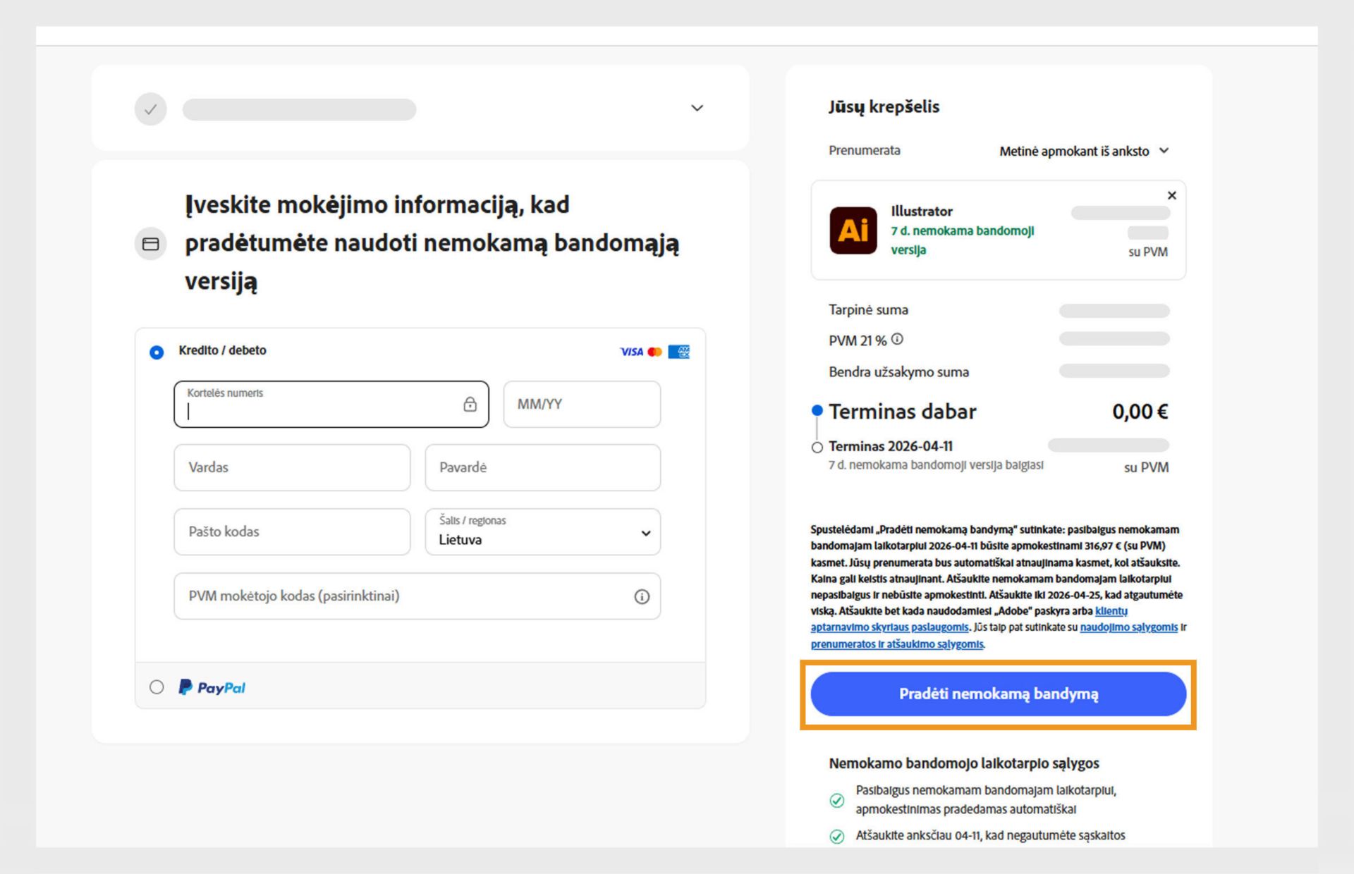 Mokėjimo informacijos puslapyje rodoma plano informacija, laukeliai apmokėjimo informacijai įvesti ir parinktys sutikti bei prenumeruoti planą ir grįžti į ankstesnį puslapį.