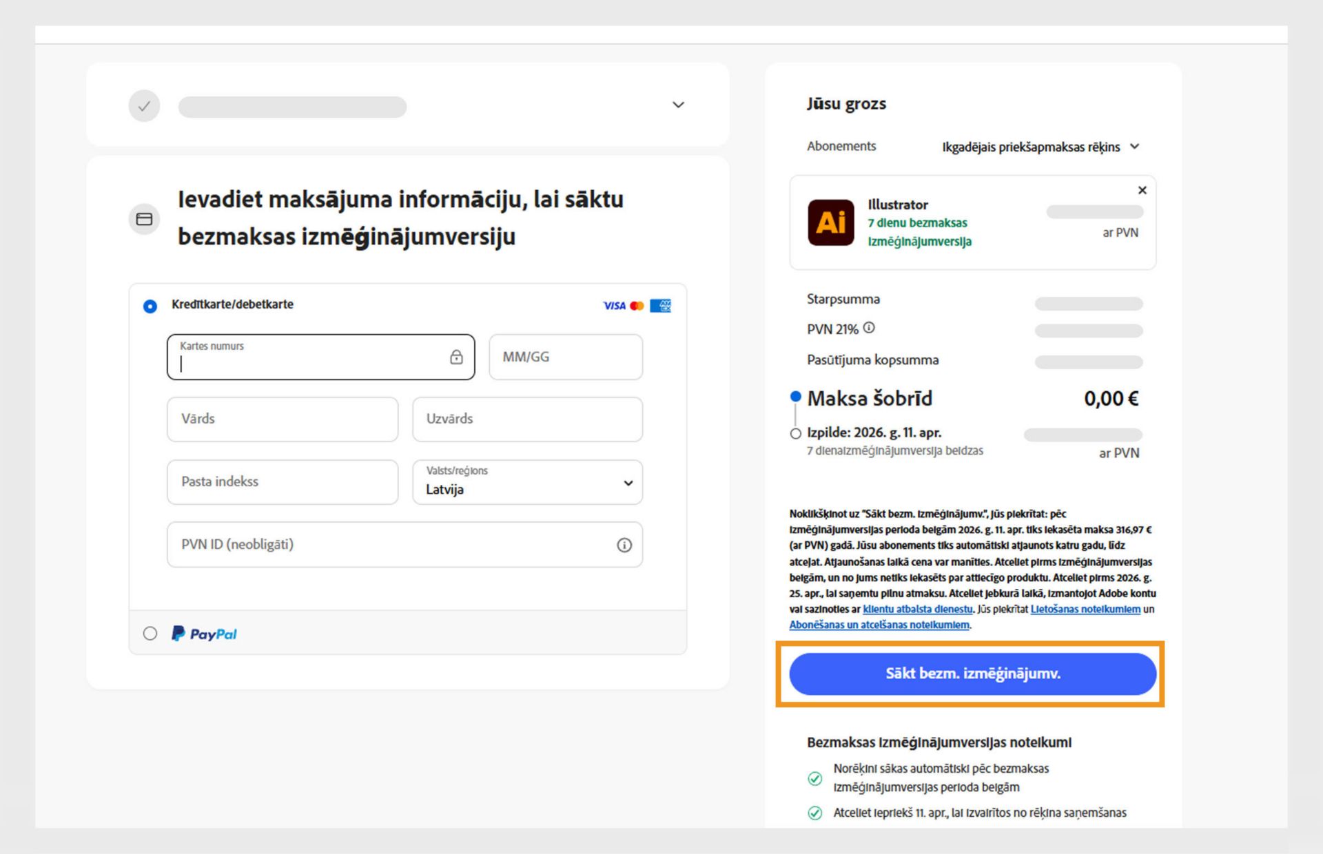 Maksāšanas informācijas lapa parāda plāna informāciju, laukus, kur ievadīt maksājuma datus, un piedāvā iespējas apstiprināt un abonēt plānu vai doties atpakaļ uz iepriekšējo lapu.