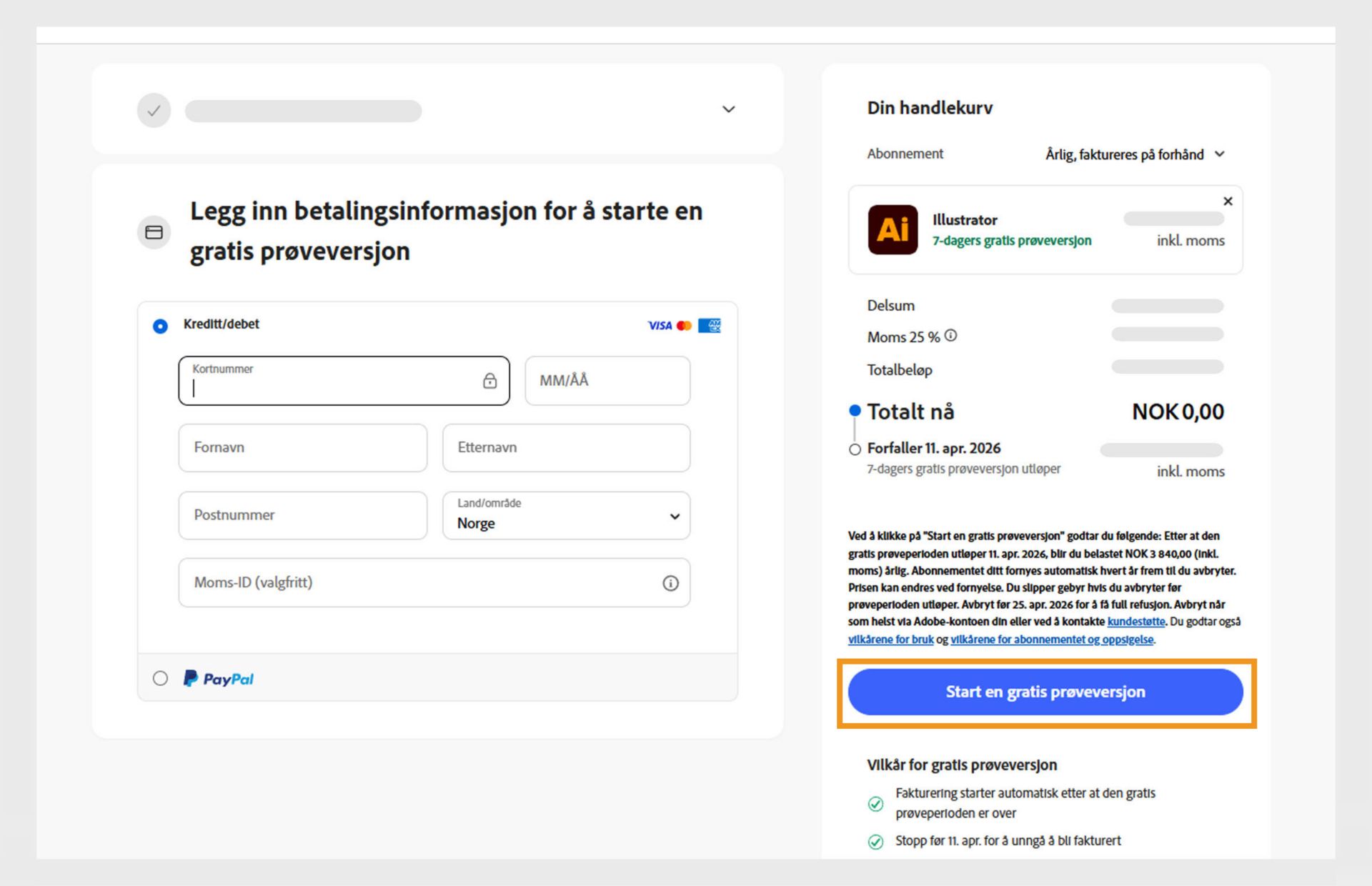 Betalingsinformasjonssiden viser plandetaljene, felt for å legge inn betalingsopplysninger og muligheter for å godta og abonnere på planen og gå tilbake til forrige side.