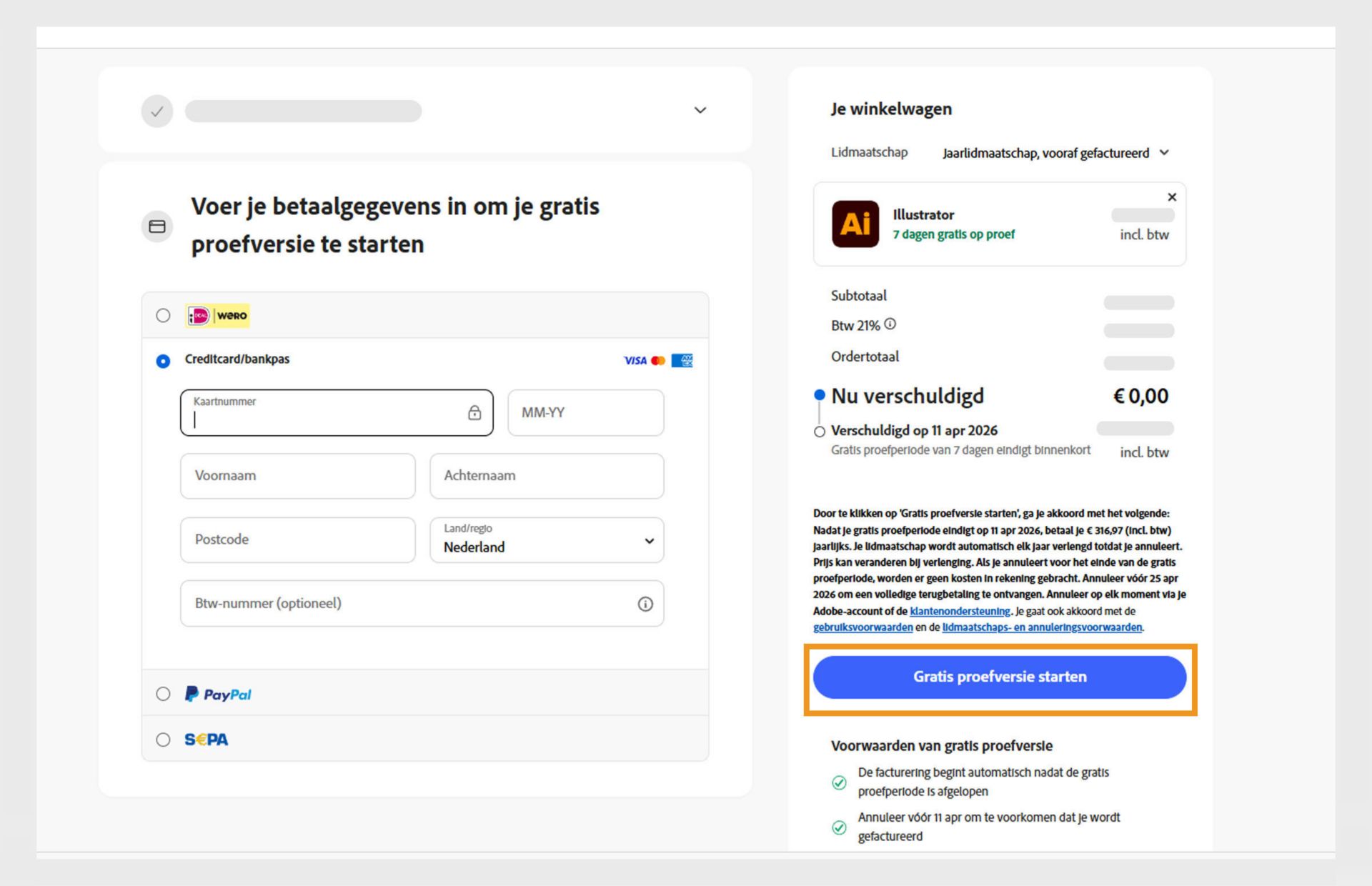 De pagina met betalingsgegevens toont de lidmaatschapsgegevens, velden om betalingsgegevens in te voeren en opties om akkoord te gaan en lid te worden en terug te gaan naar de vorige pagina.