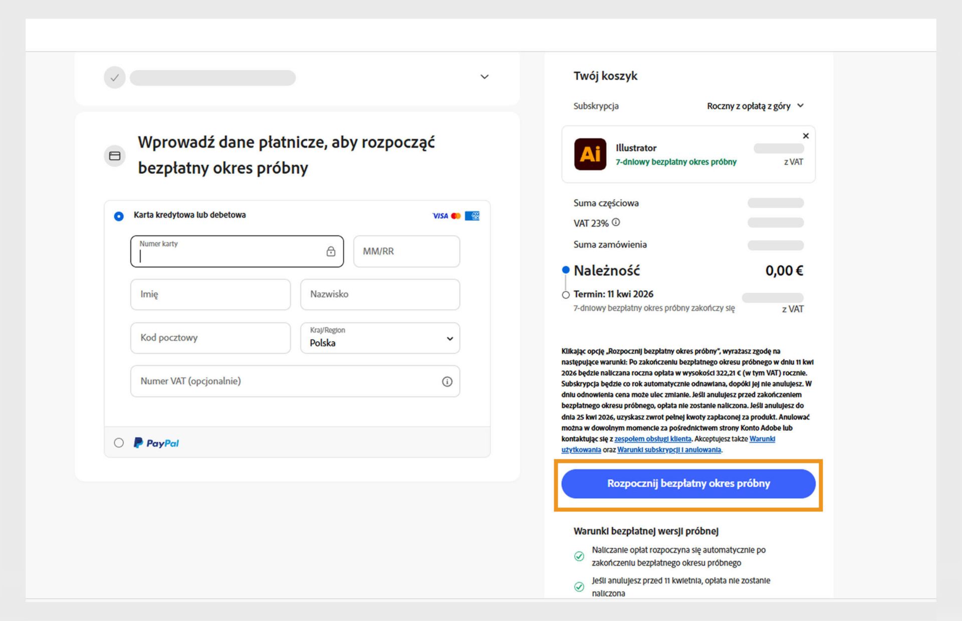 Strona informacji rozliczeniowych wyświetla szczegóły planu, pola do wprowadzenia informacji rozliczeniowych, a także opcje zaakceptowania i dołączenia do planu oraz powrotu do poprzedniej strony.