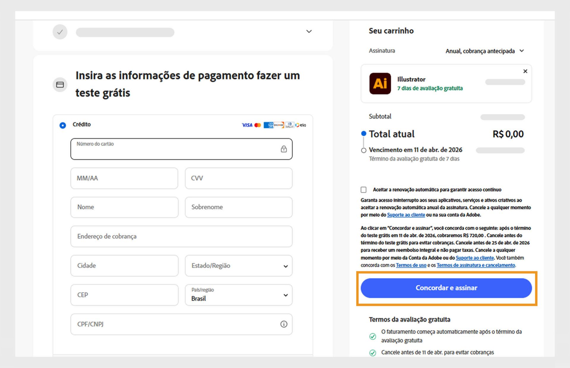 A página de informações de pagamento exibe os detalhes do plano, campos para inserir os detalhes do pagamento e opções para concordar e assinar o plano e voltar à página anterior.