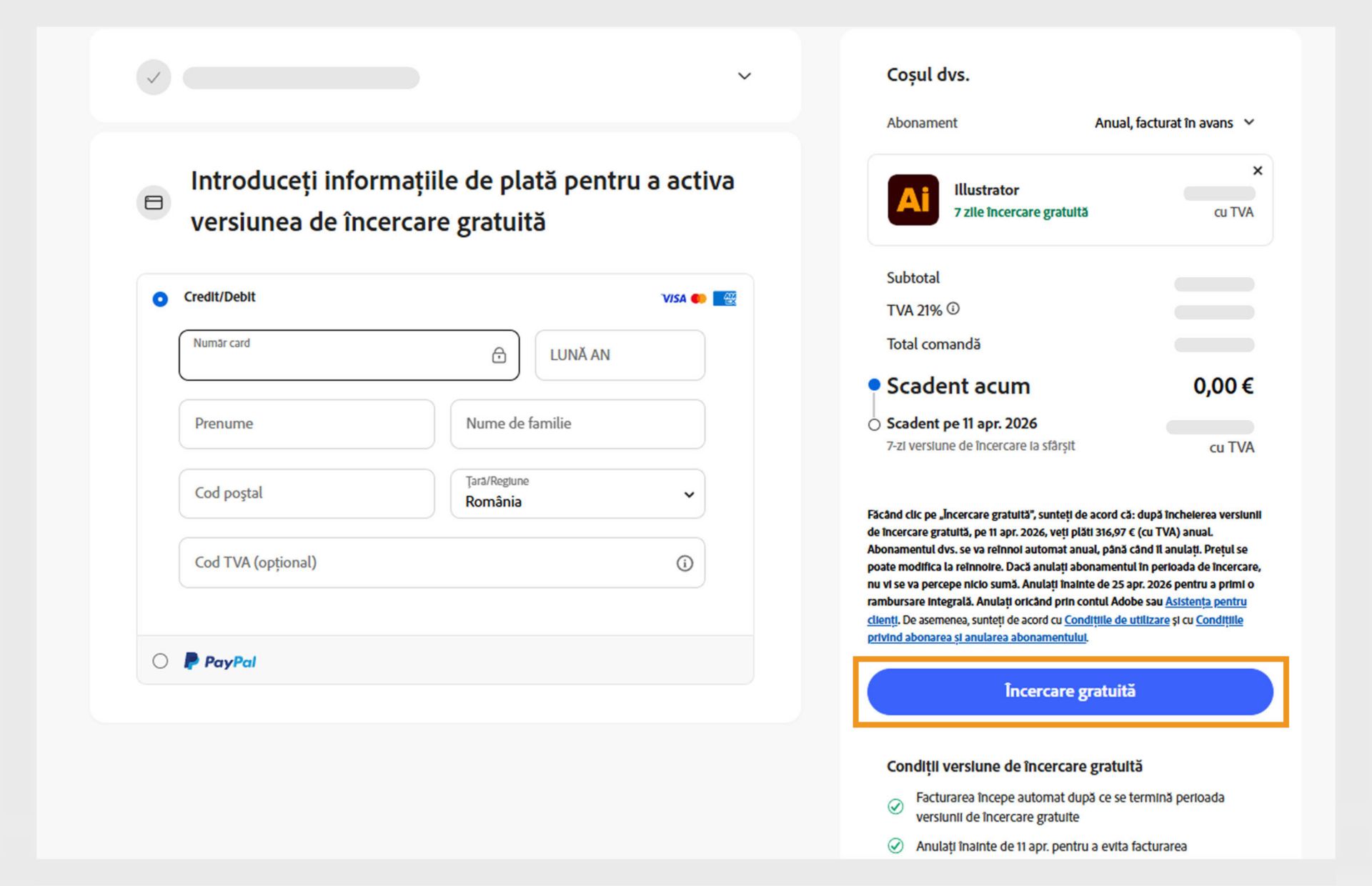 Pagina de informații de plată afișează detaliile planului, câmpurile pentru introducerea datelor de plată și opțiunile de a accepta și de a vă abona la plan și de a reveni la pagina anterioară.