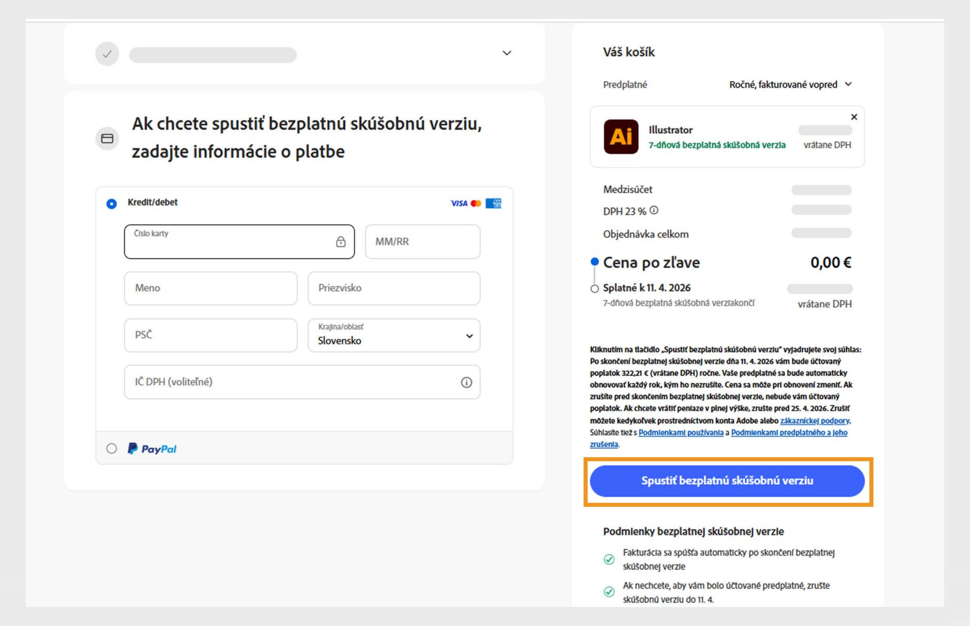 Na stránke s informáciami o platbách sa zobrazia podrobnosti o pláne, polia na zadanie podrobností o platbe, možnosti odsúhlasenia a predplatenia plánu a možnosť návratu na predchádzajúcu stránku.