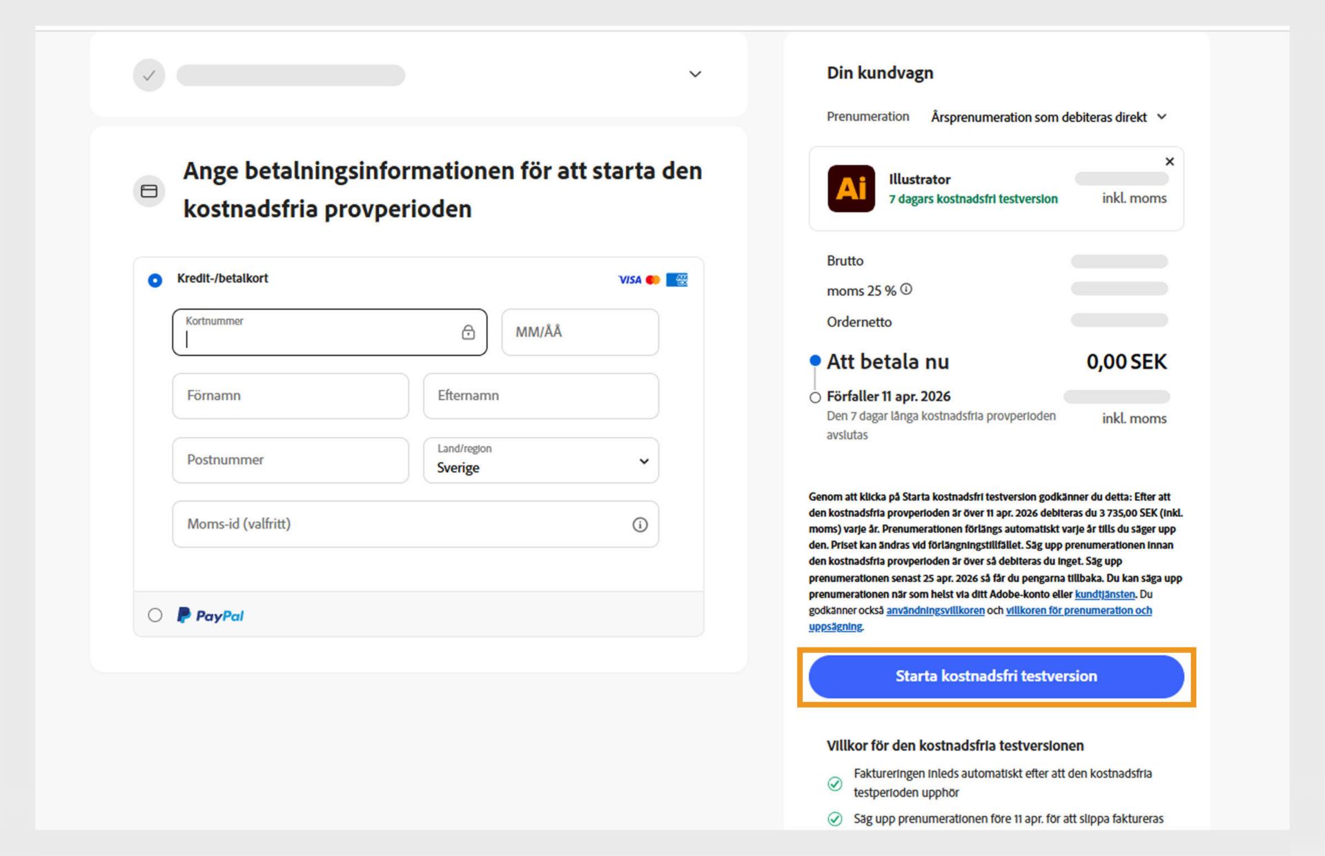 Sidan med betalningsuppgifter visar plandetaljerna, fält för att ange betalningsuppgifter och alternativ för att godkänna och prenumerera på planen samt gå tillbaka till föregående sida.