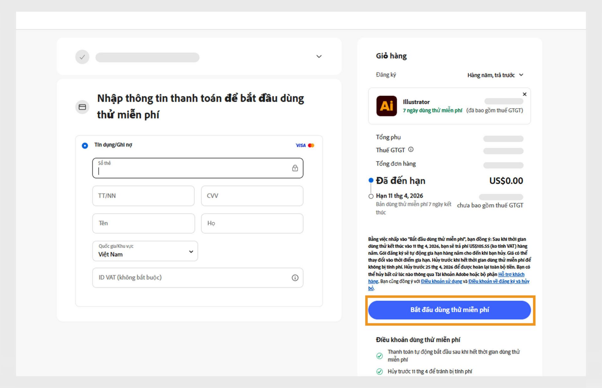 Trang thông tin thanh toán hiển thị chi tiết gói, các trường để nhập thông tin thanh toán và các OPTIONS để đồng ý và đăng ký gói cũng như quay lại trang trước.