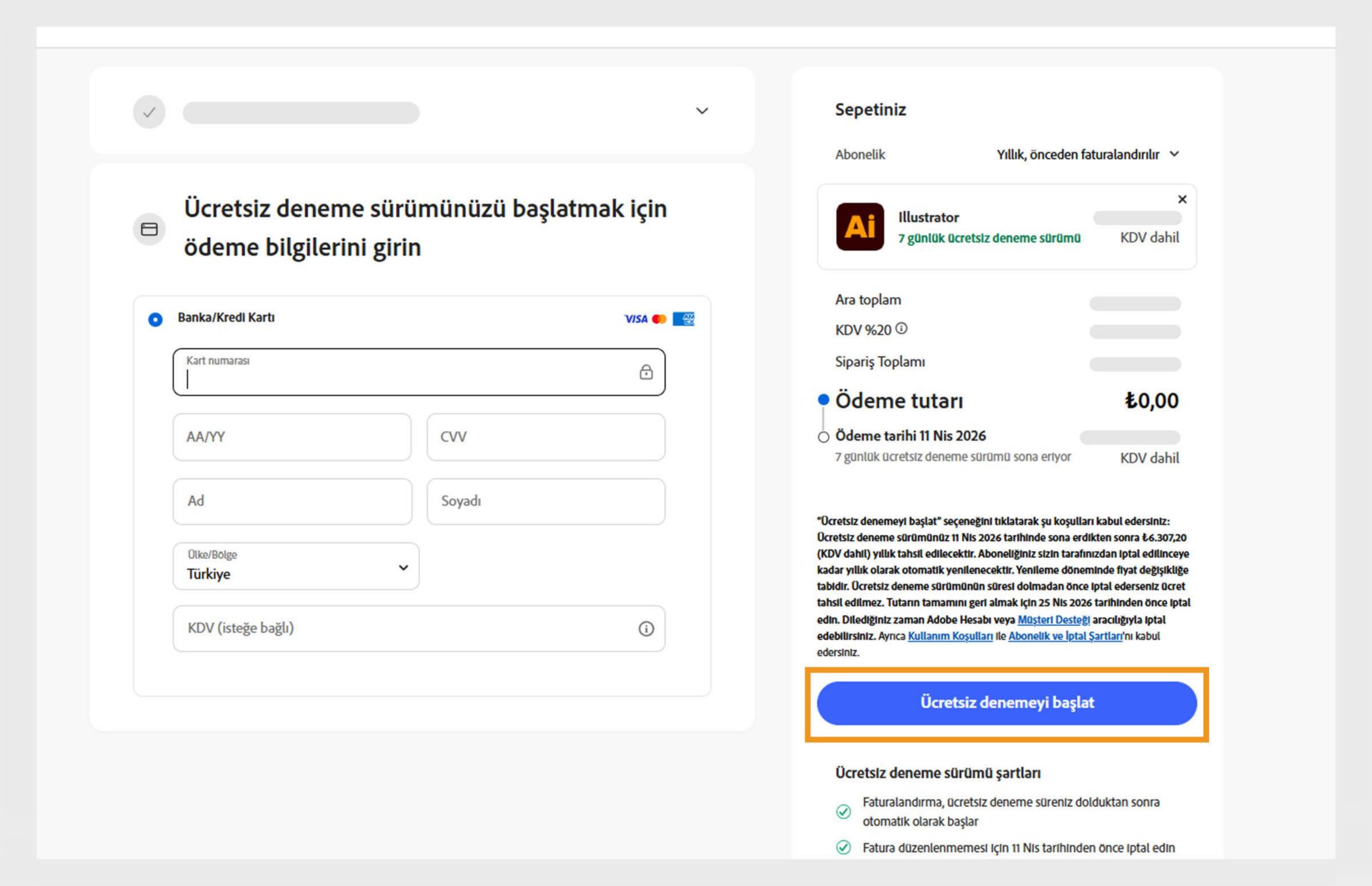 Ödeme bilgileri sayfasında, plan ayrıntıları, ödeme ayrıntılarını girmeye yönelik alanlar ile planı kabul edip abone olma ve önceki sayfaya geri dönme seçenekleri görüntülenir.