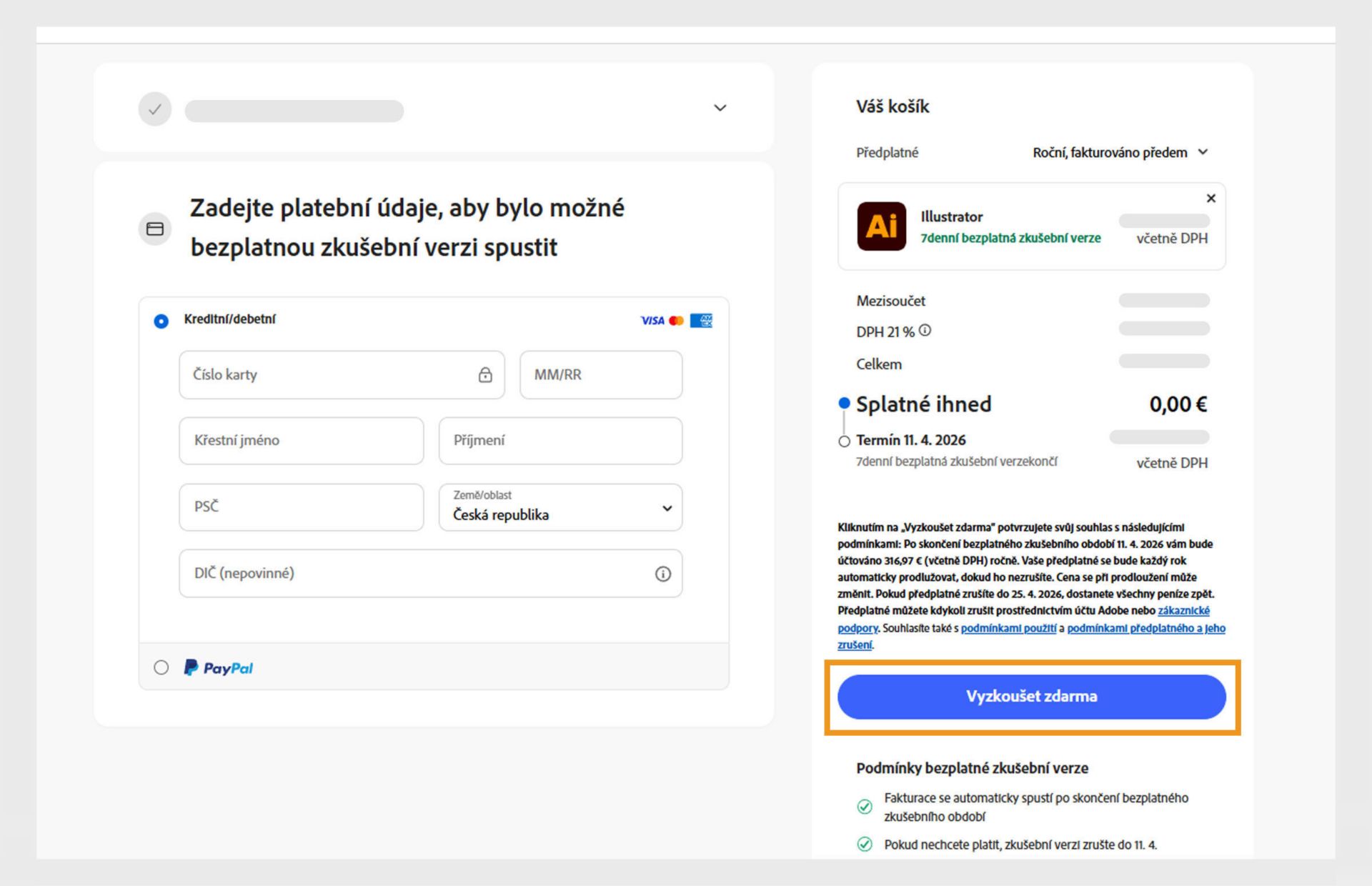 Stránka s informacemi o platbách zobrazuje podrobnosti o plánu, pole pro zadání platebních údajů a možnosti souhlasit a koupit předplatné plánu a vrátit se na předchozí stránku.