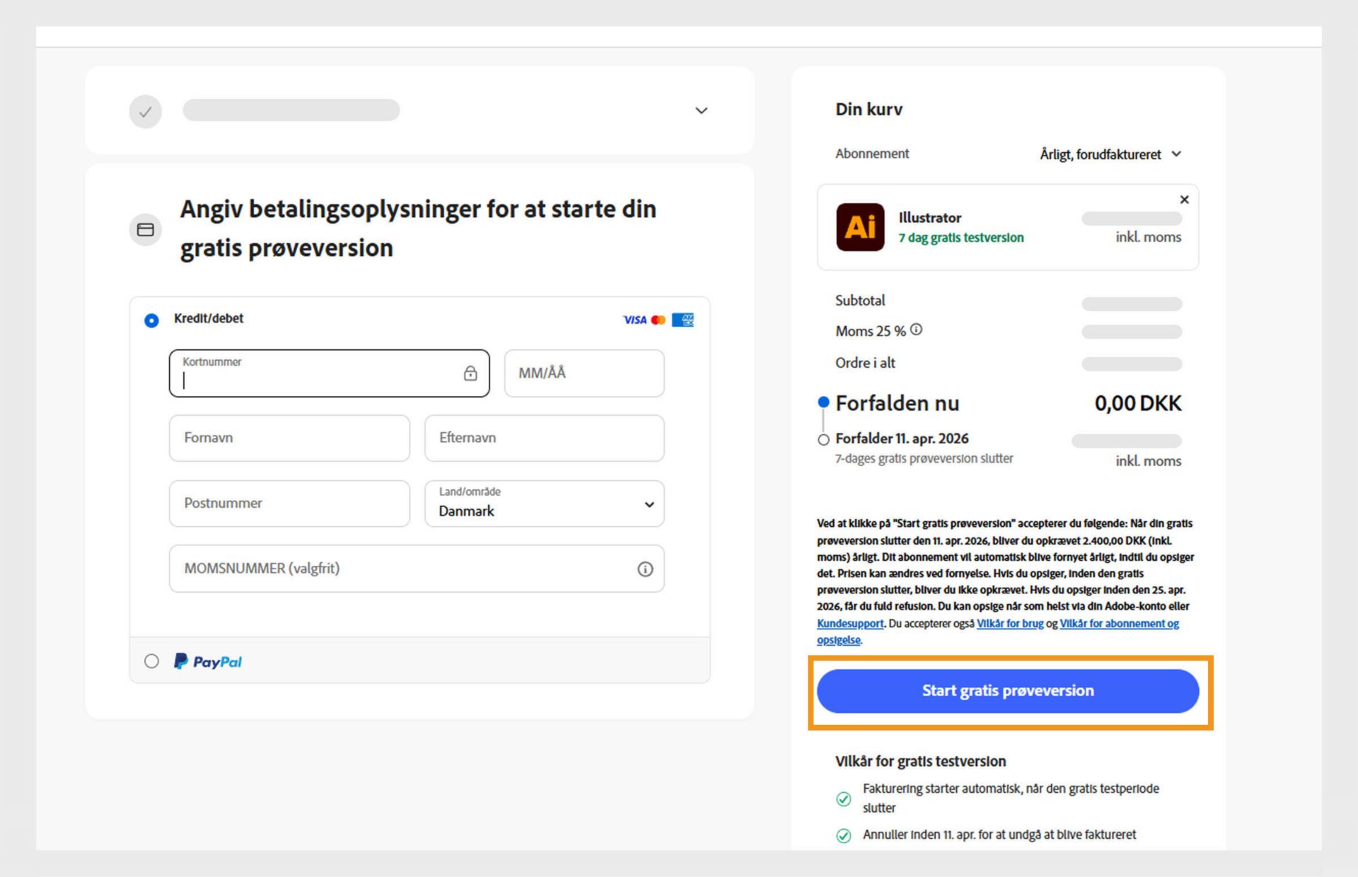 Siden med betalingsoplysninger viser abonnementsoplysningerne, felter til at indtaste betalingsoplysninger og muligheder for at acceptere og abonnere på abonnementet samt gå tilbage til den forrige side.