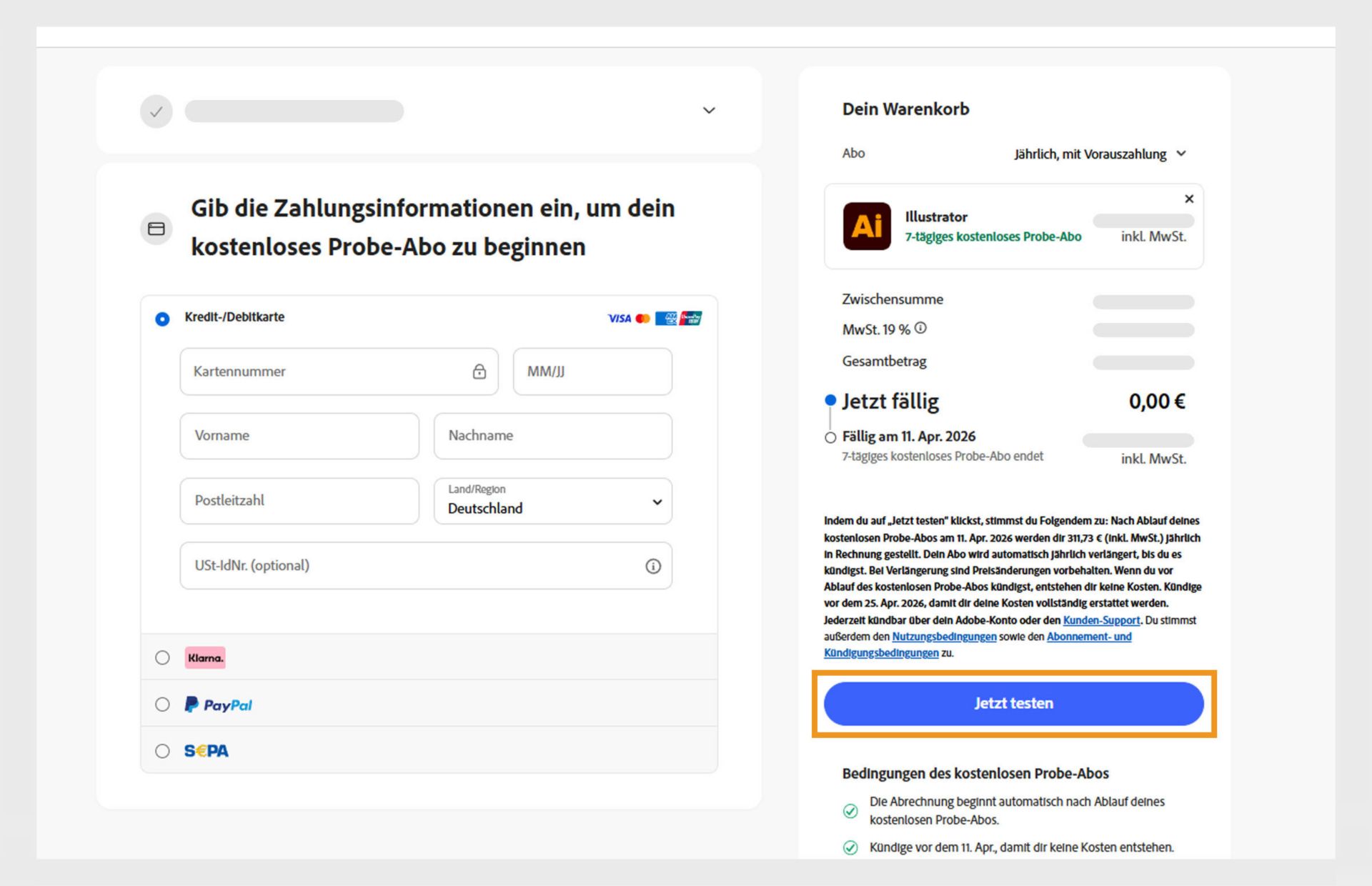 Auf der Seite mit den Zahlungsinformationen werden die Abo-Details, Felder zur Eingabe der Rechnungsangaben und Optionen angezeigt, um den Bedingungen zuzustimmen, das Abo abzuschließen und zur vorherigen Seite zurückzukehren.