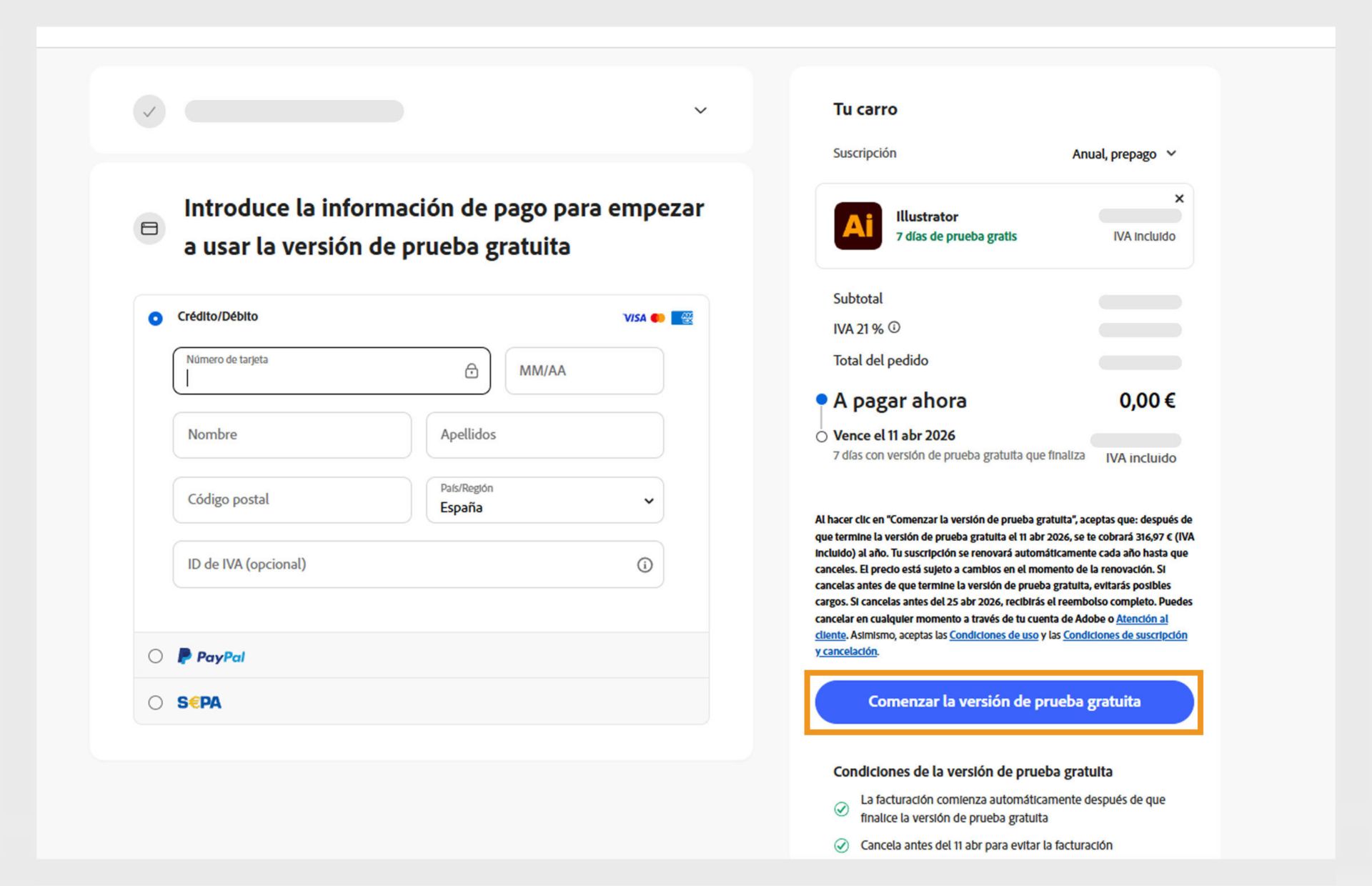 La página de información de pagos muestra los detalles del plan, campos para introducir los datos de pago y opciones para aceptar y suscribirse al plan y volver a la página anterior.