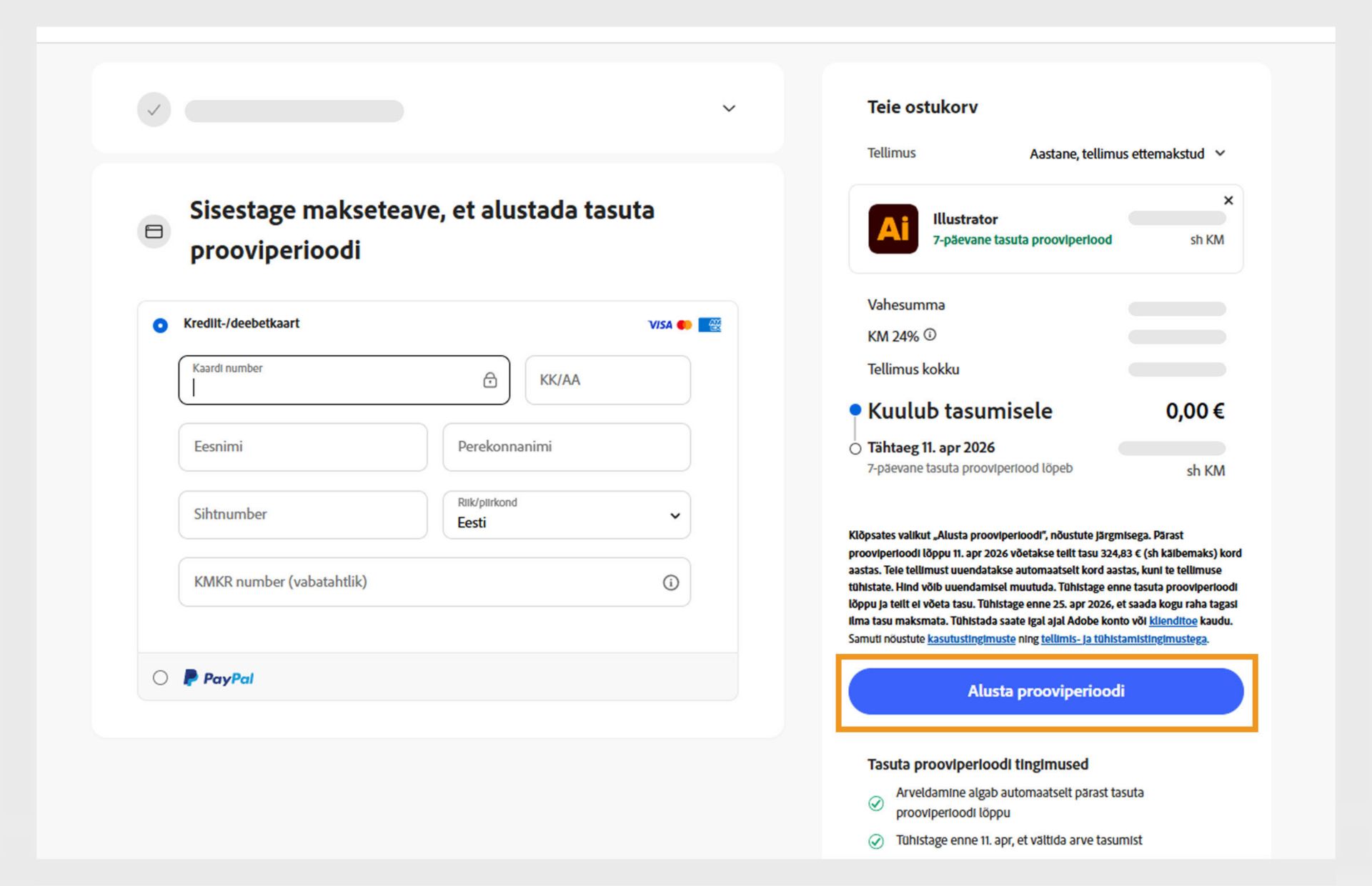 Makseandmete lehel kuvatakse plaani üksikasjad, väljad makseandmete sisestamiseks ning võimalused plaaniga nõustumiseks ja tellimiseks ning eelmisele lehele naasmiseks.