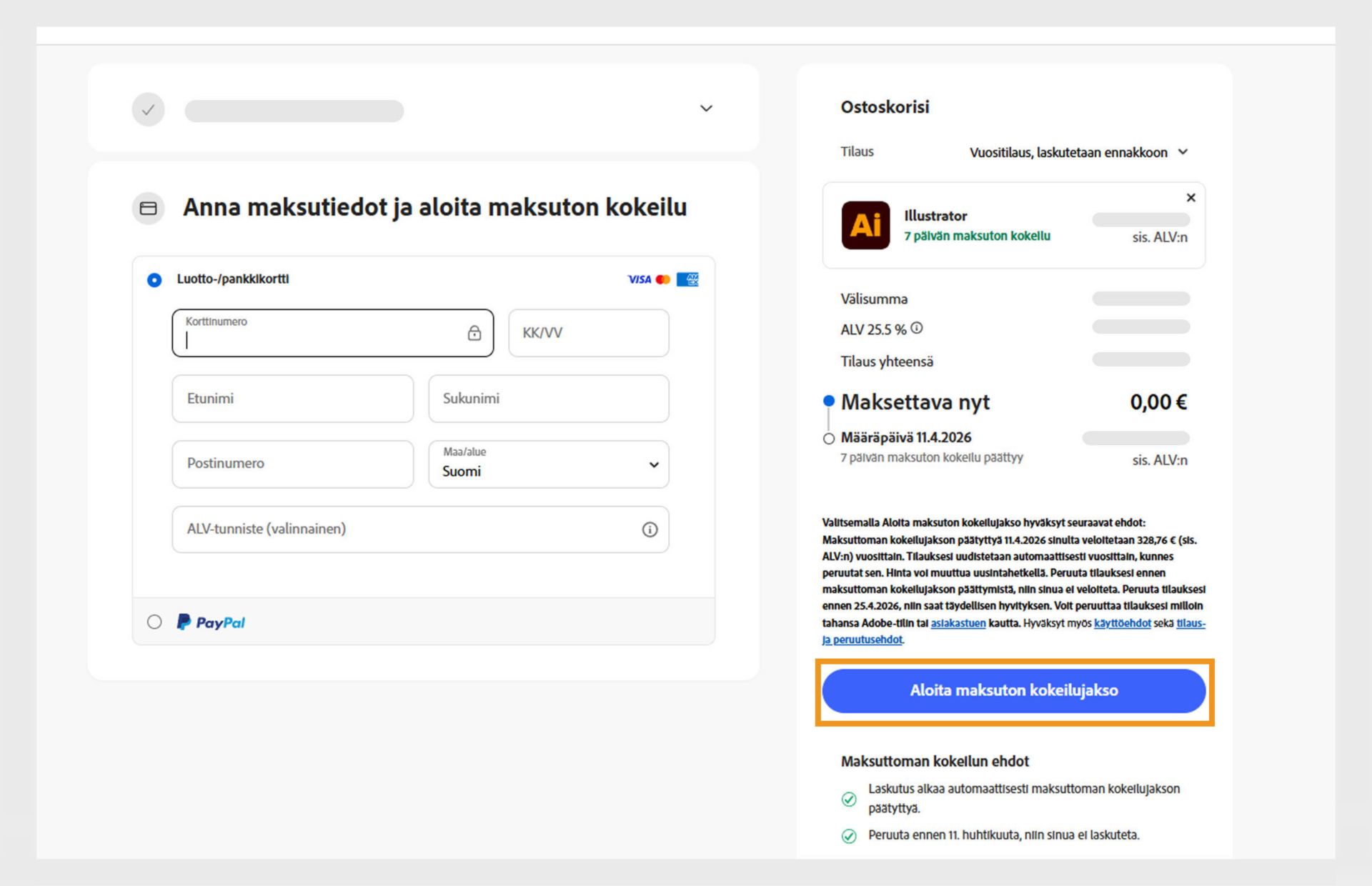 Maksutietosivu näyttää sopimuksen tiedot, maksutietojen syöttokentät sekä vaihtoehdot hyväksyä ja tilata sopimus ja palata edelliselle sivulle.