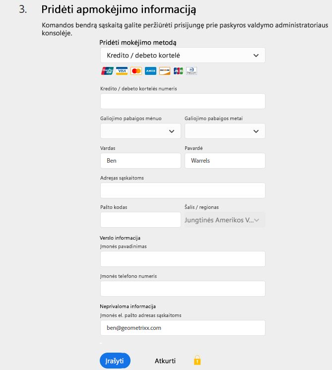 Pridėkite savo apmokėjimo informaciją