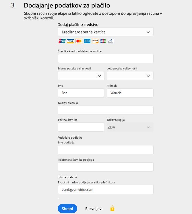 Dodajte svoje podatke za plačilo