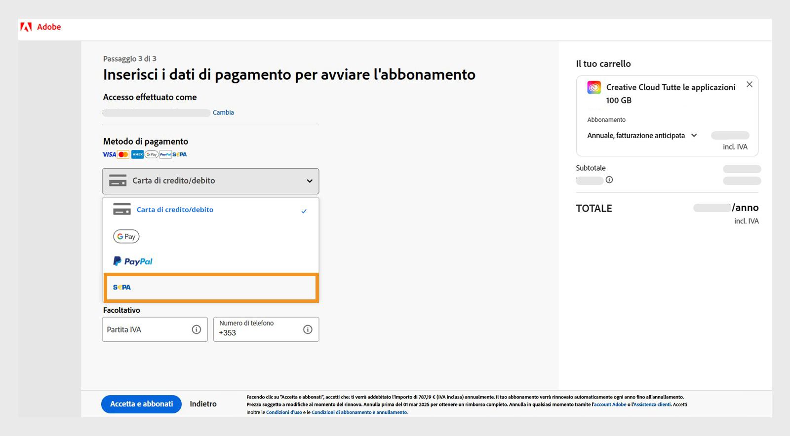 Modifica dati di pagamento e di fatturazione