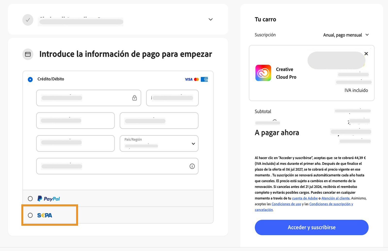 Editar datos de facturación y pago