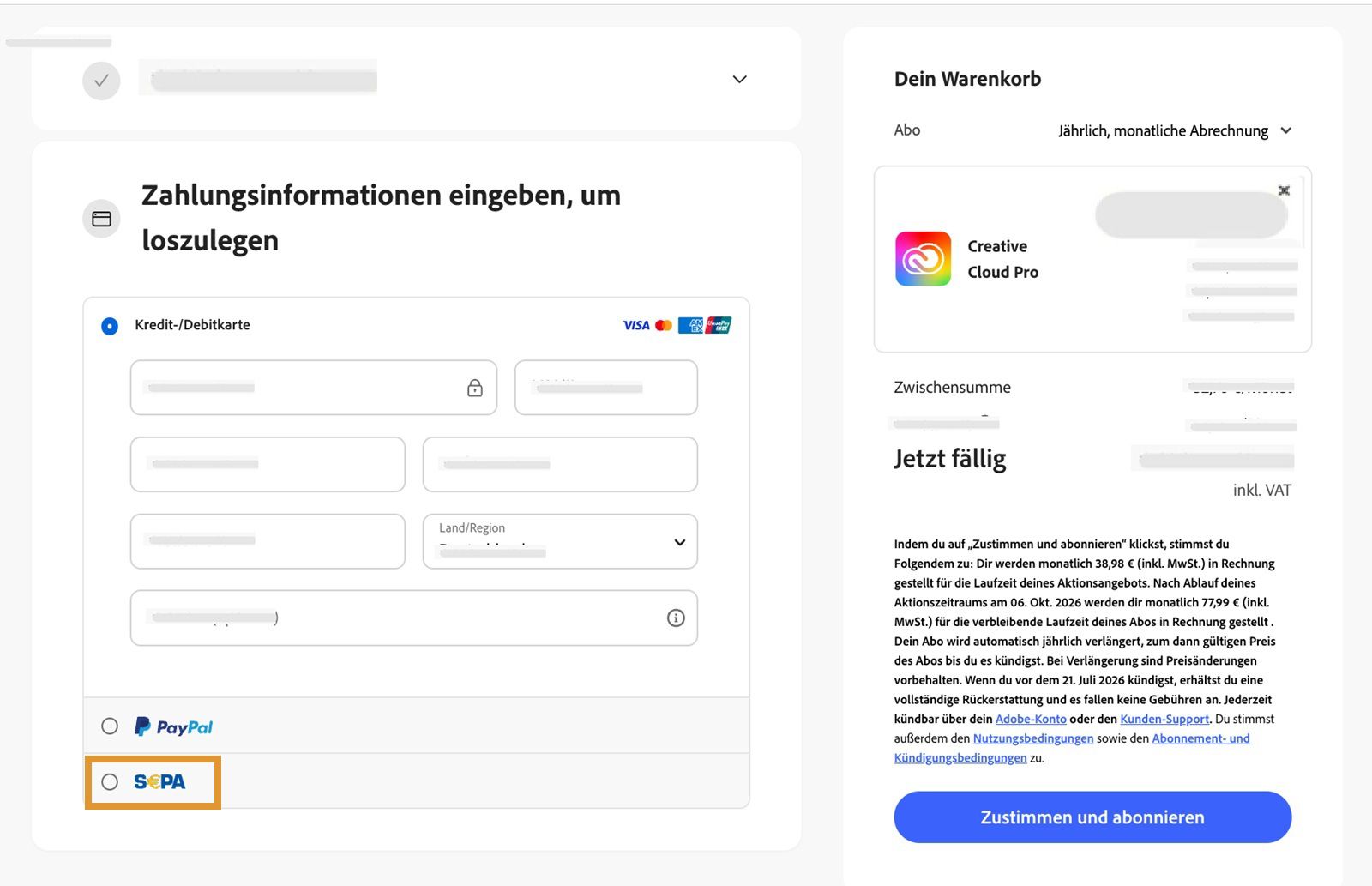 Abrechnungs- und Zahlungsdetails bearbeiten