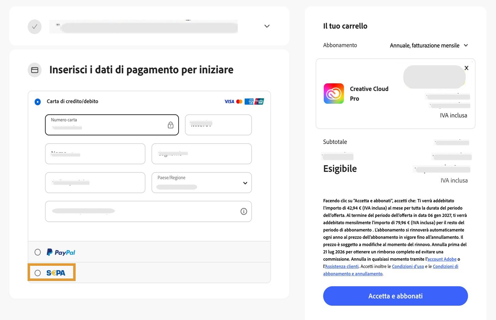 Modifica dati di pagamento e di fatturazione