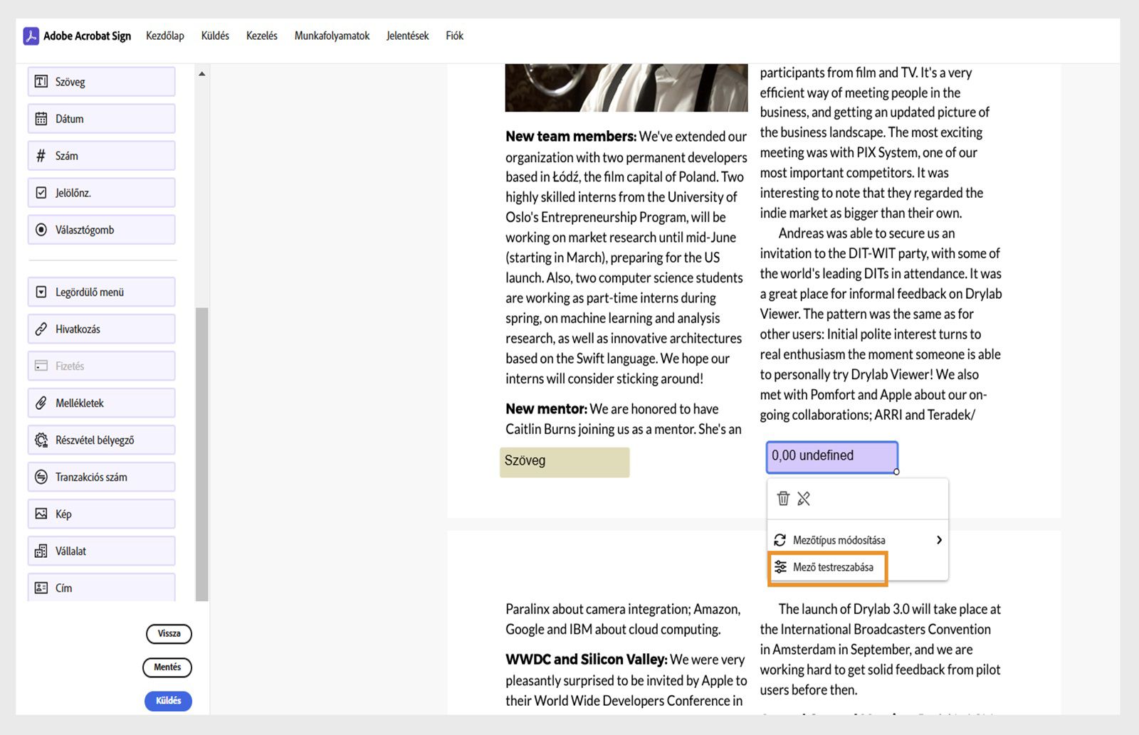 Az Acrobat e-aláírási munkafolyamatában a szerződés megjelenít egy Fizetés mezőt a helyi menüvel. A „Mező testreszabása” lehetőség ki van jelölve.