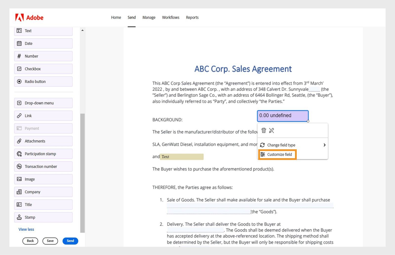 Nagpapakita ang kasunduan sa Acrobat e-sign workflow ng Payment field na may context menu. Na-highlight ang 'Customize field' na opsyon.