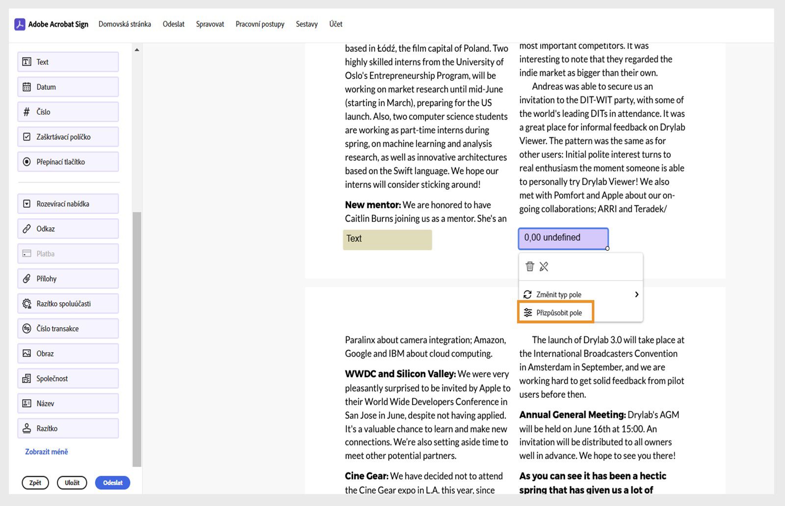 V pracovním postupu elektronického podepisování dohody v aplikaci Acrobat se zobrazí pole platby s kontextovou nabídkou. Zvýrazní se možnost „Přizpůsobit pole“.