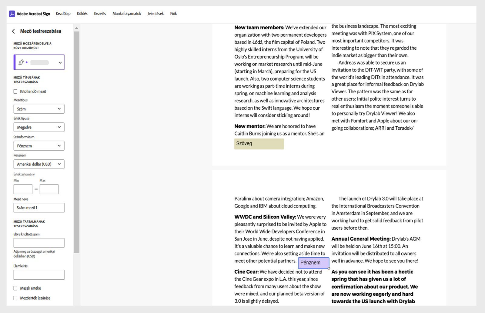 A szerződés Fizetés mezője ki van választva, és egy Testreszabás mező panel látható különböző beállításokkal a bal oldalon.