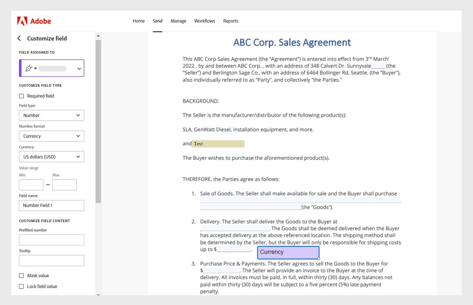Napili ang field ng Bayad sa kasunduan at nagpapakita sa kaliwa ang Customize field panel na may iba't ibang mga aetting.