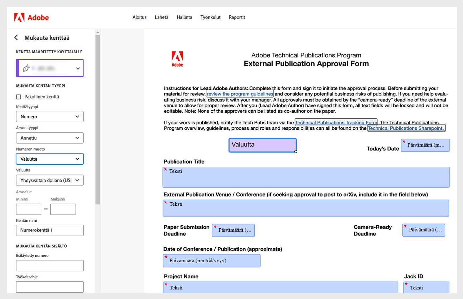 Sopimuksen Maksu-kenttä on valittuna ja vasemmalla näkyy Mukauta kenttää -paneeli erilaisilla asetuksilla.