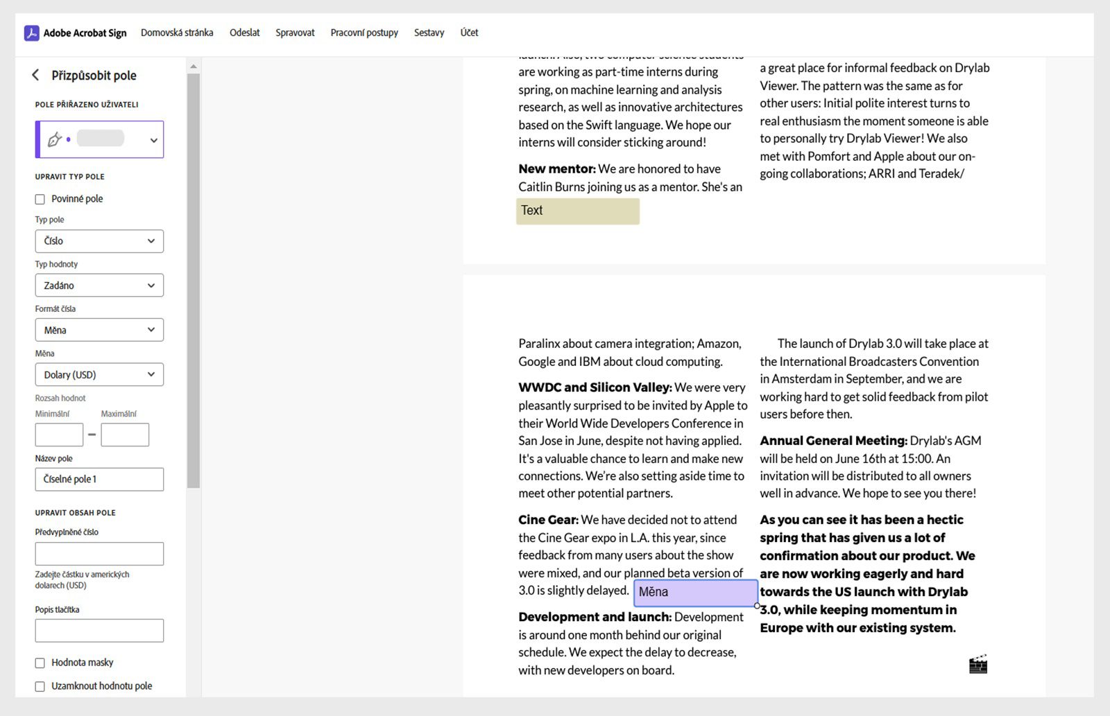 V dohodě je vybráno pole platby a vlevo se zobrazí panel přizpůsobit pole s různými nastaveními.