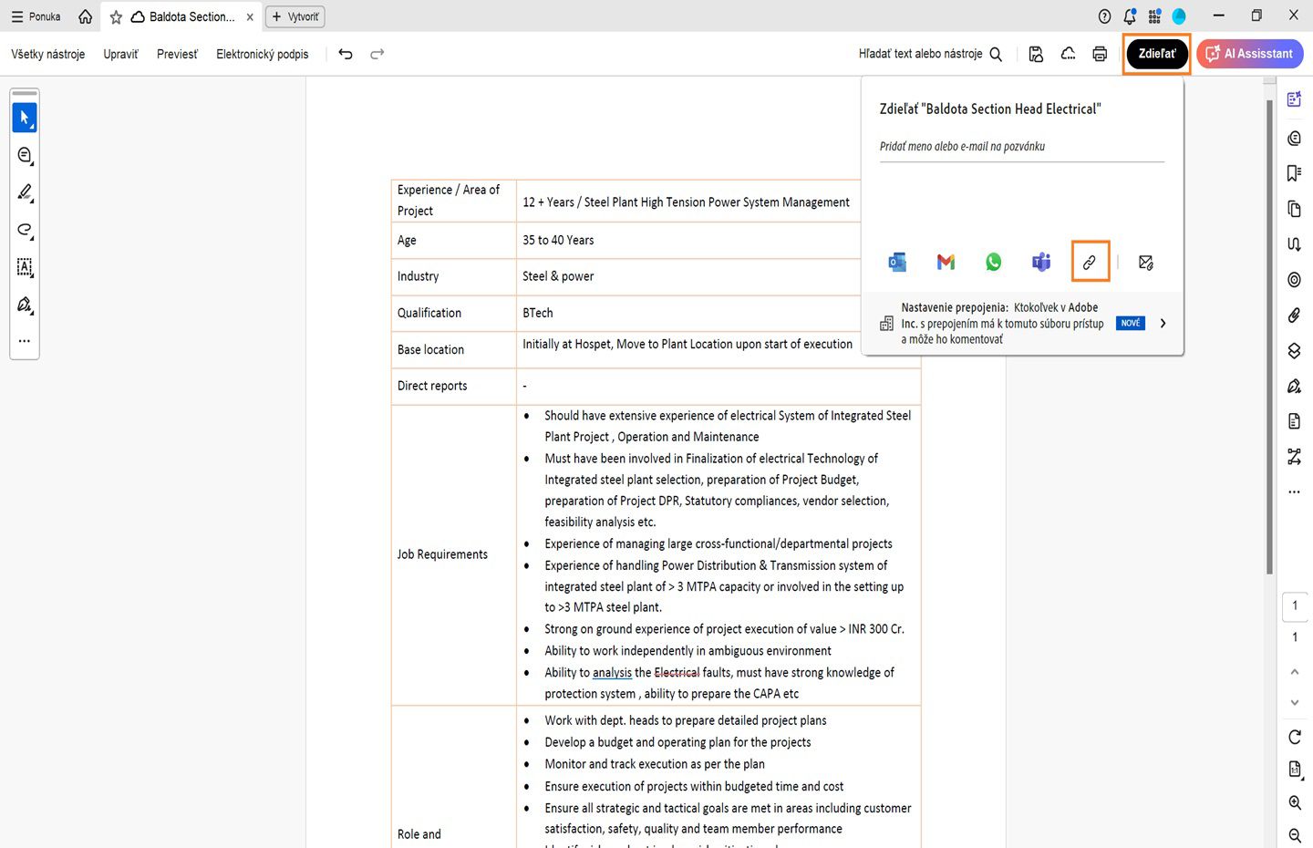 Formulár PDF sa otvorí v programe Acrobat a zobrazia sa možnosti zdieľania. 